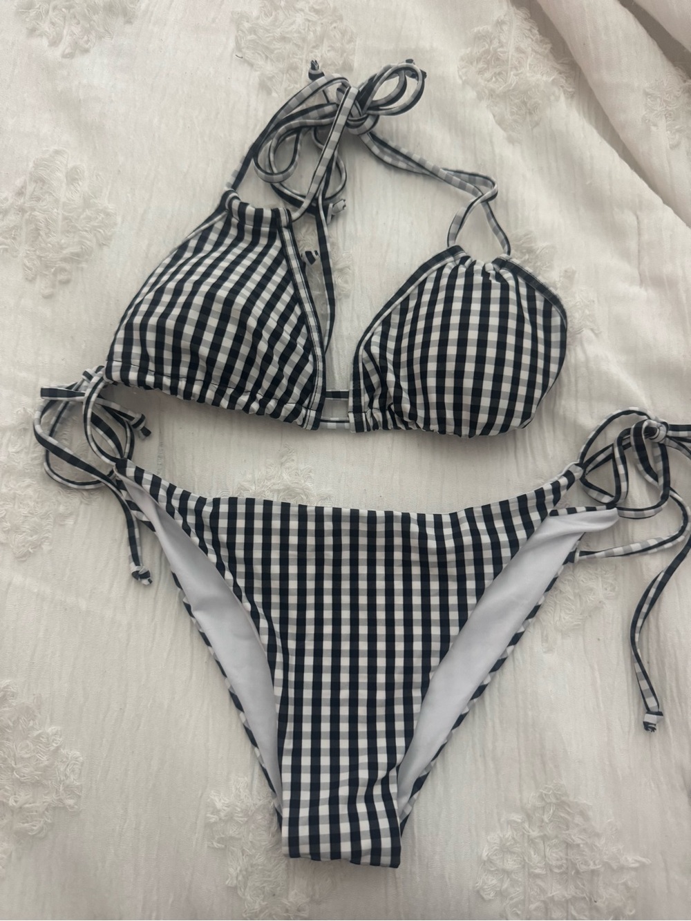 SHEIN Black and White Gingham Tie-Side Bikini